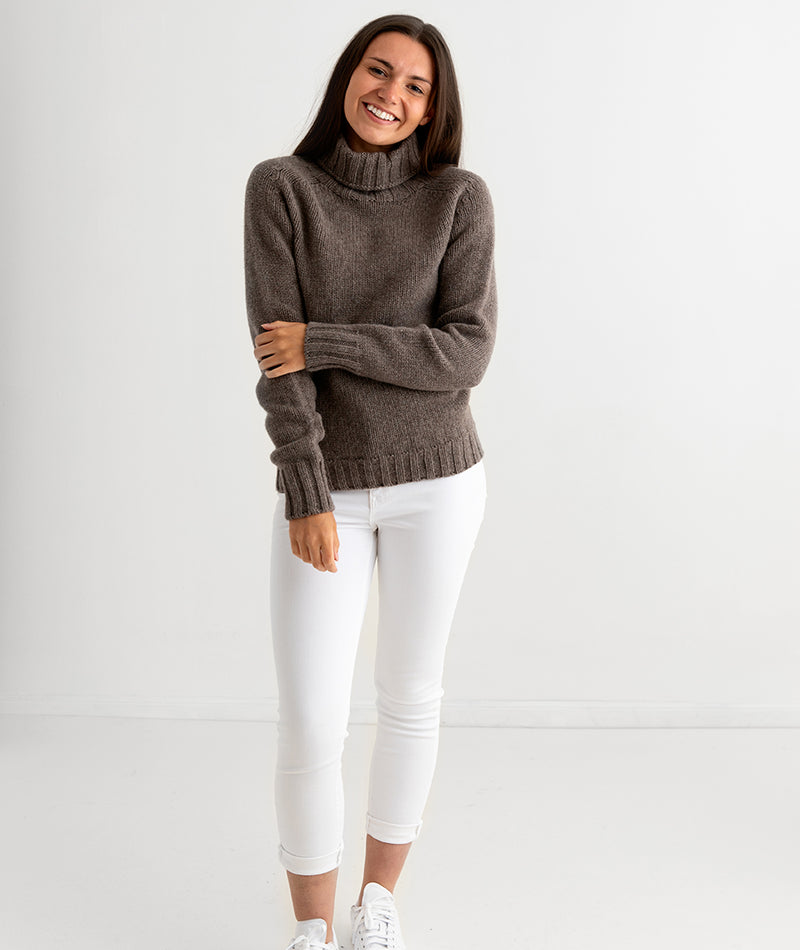 womens brown polo neck chunky lambs wool jumper sweater full