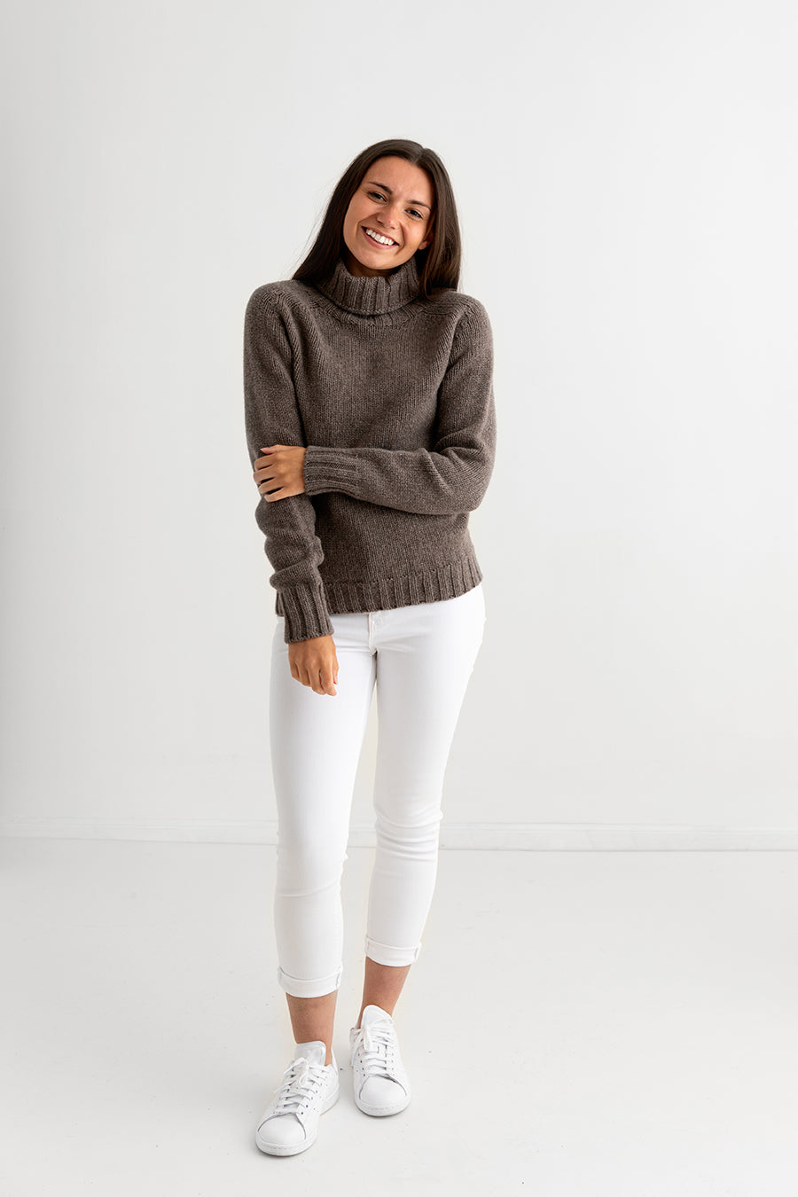 womens brown polo neck chunky lambs wool jumper sweater full