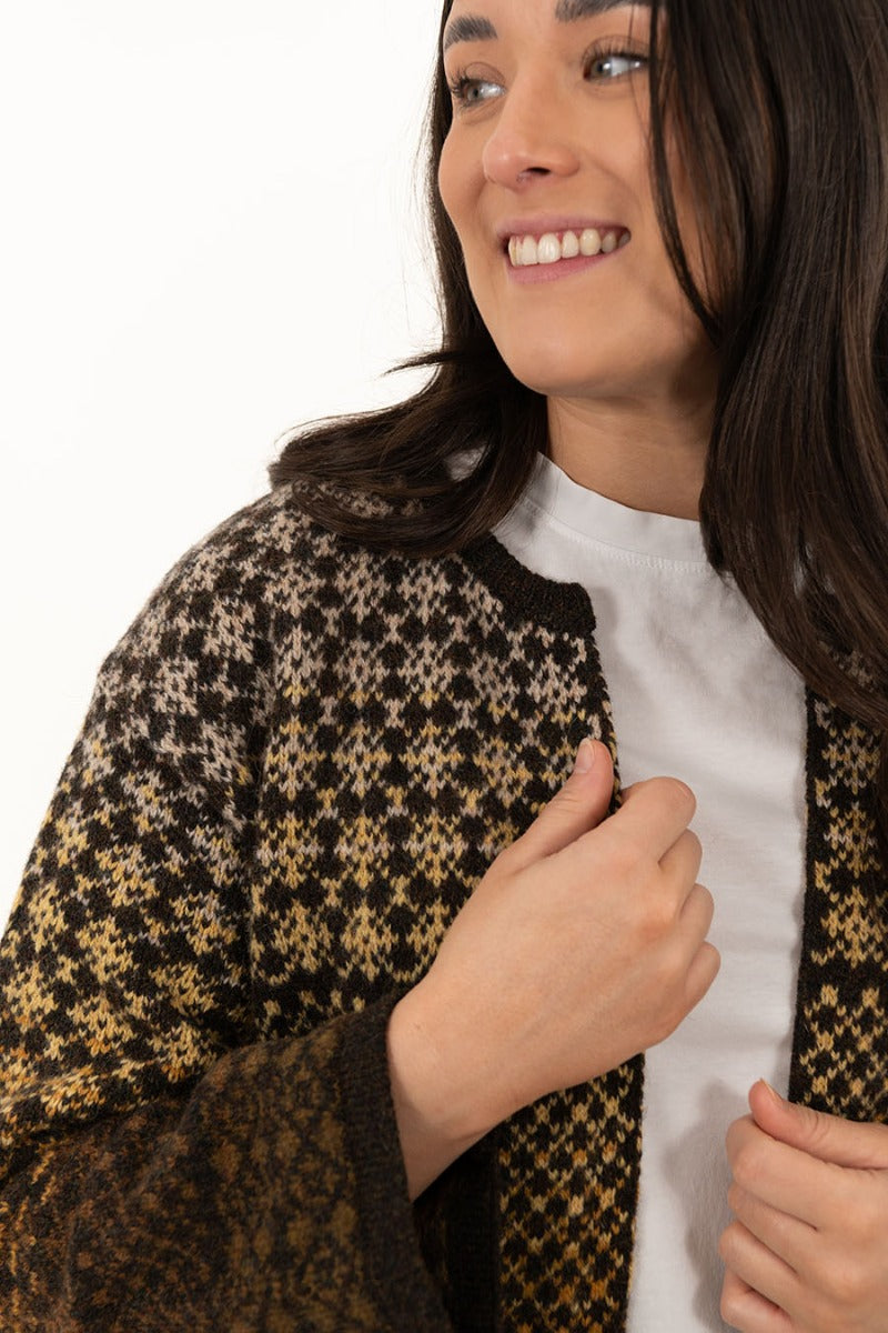 womens brown yellow wool long fair isle cardigan coatigan