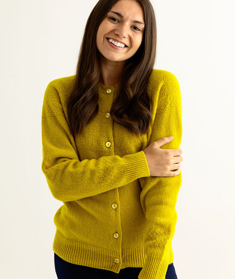 womens yellow gansey guernsey cardigan mustard fine geelong lambs wool front