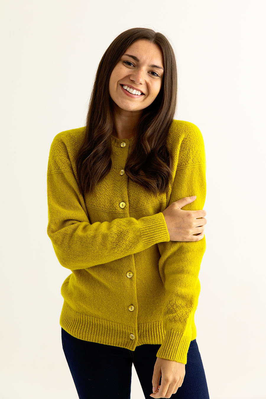 Womens Gansey Cardigan in Tumeric Yellow Geelong Superfine Lambs wool