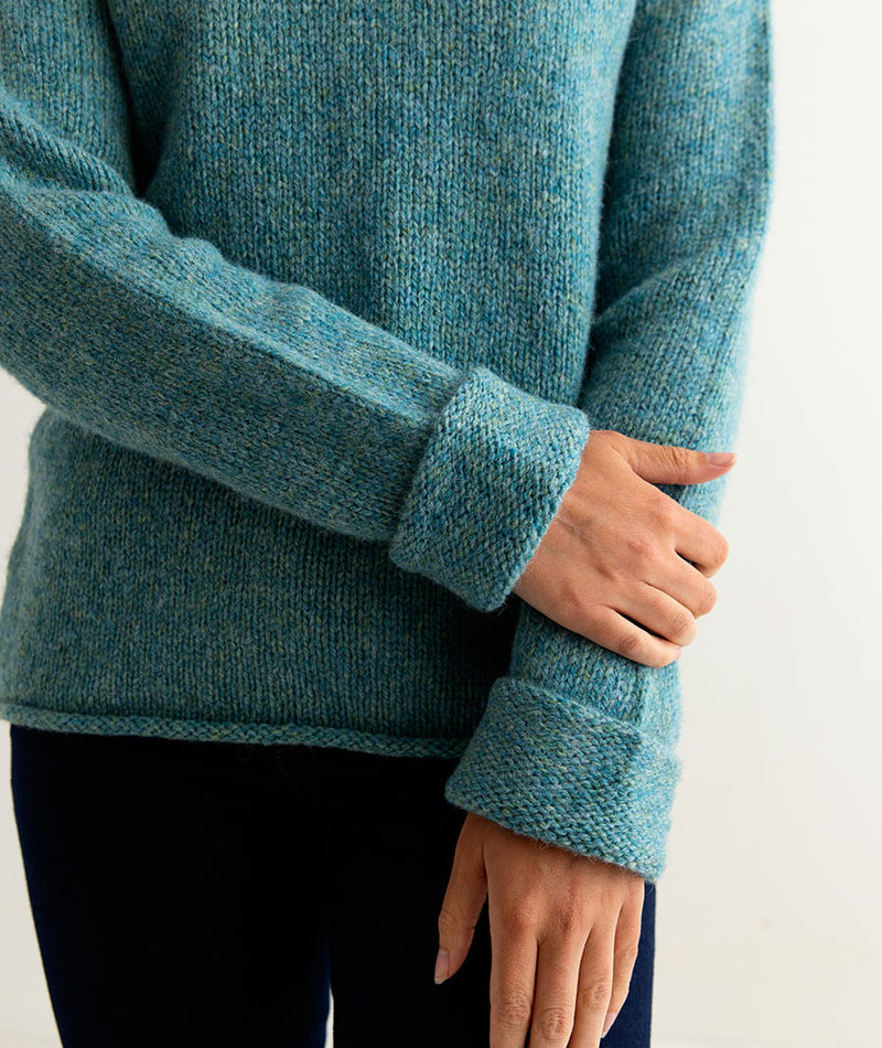 womens chunky wool cuffed jumper sweater light teal close up