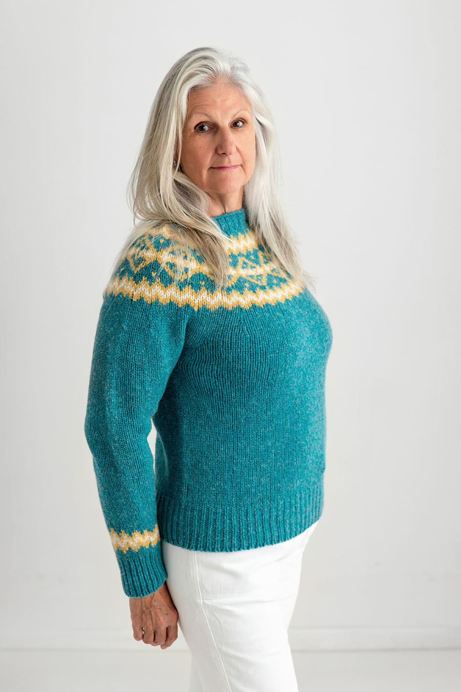 ladies chunky fair isle wool jumper sweater aqua finnieston yoke