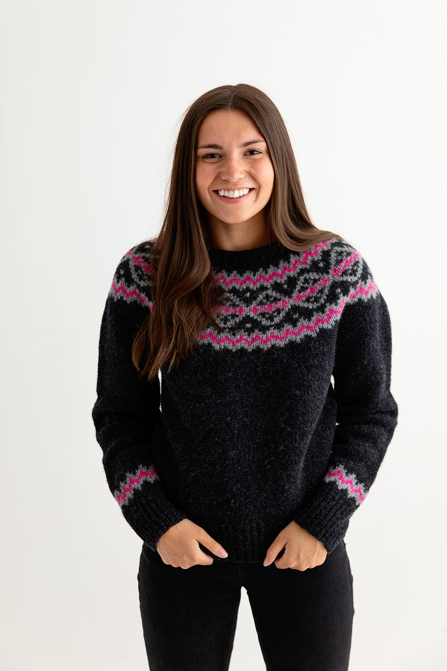 womens chunky finnieston yoke fair isle jumper sweater ladies charcoal grey pink front