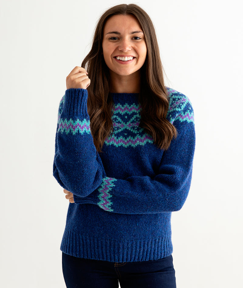 womens chunky wool fair isle jumper sweater royal blue finnieston yoke front