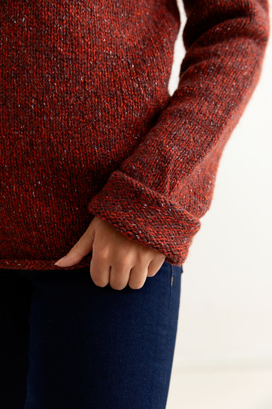 womens cuffed jumper sweater red chunky wool russet close up