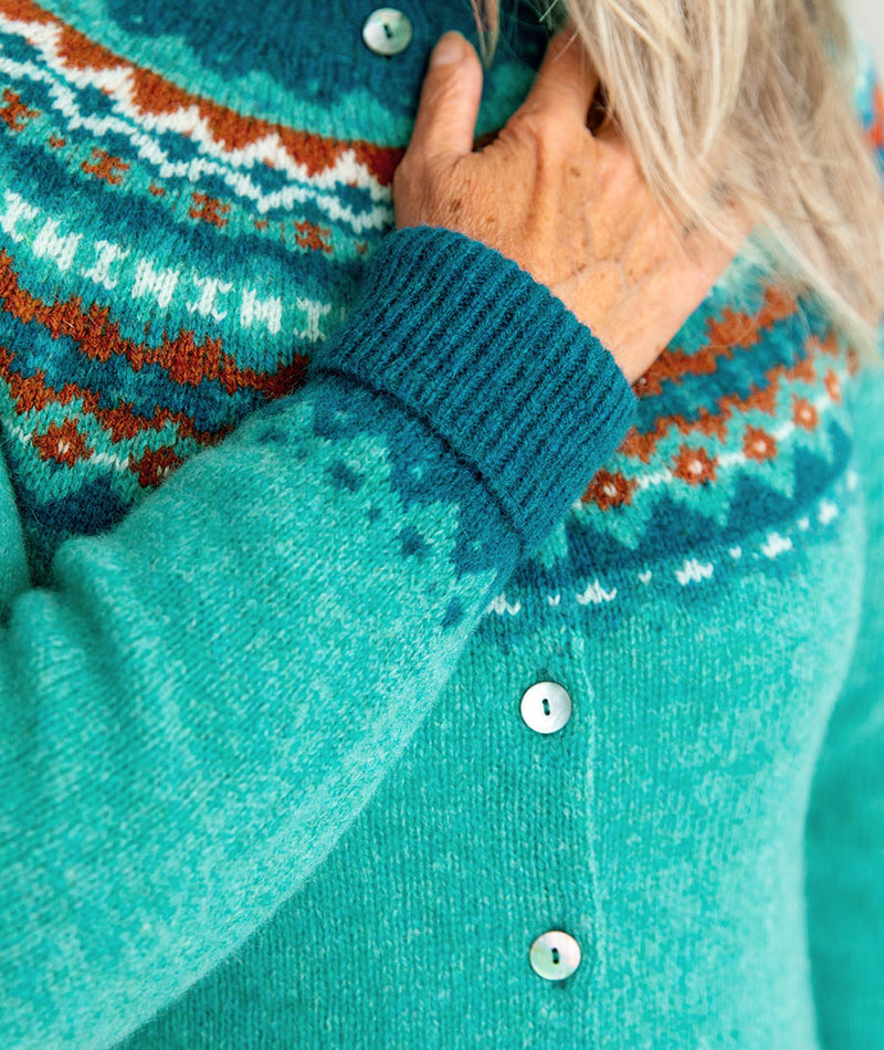 womens fair isle cardigan aqua shetland wool crathie