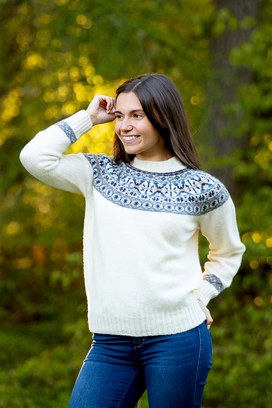 womens cream wool fair isle jumper festival yoke blue beige