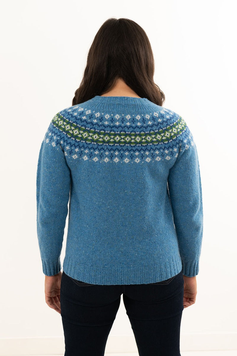 womens donegal fair isle yoke jumper blue green croft