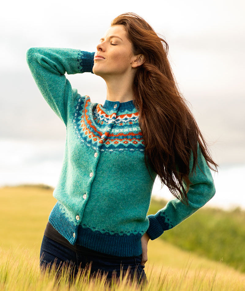 Womens fair isle wool cardigan aqua crathie