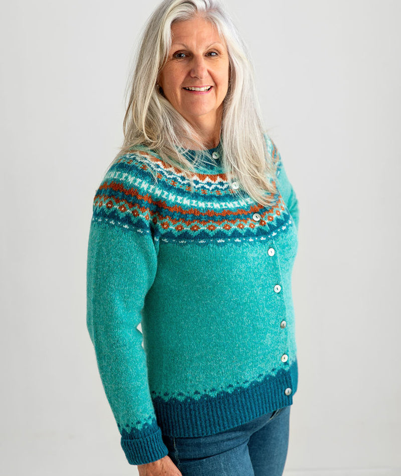 womens fair isle cardigan sweater aqua wool shetland crathie