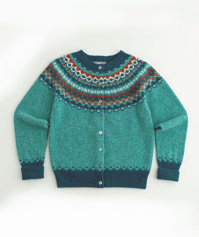 womens fair isle cardigan aqua wool crathie