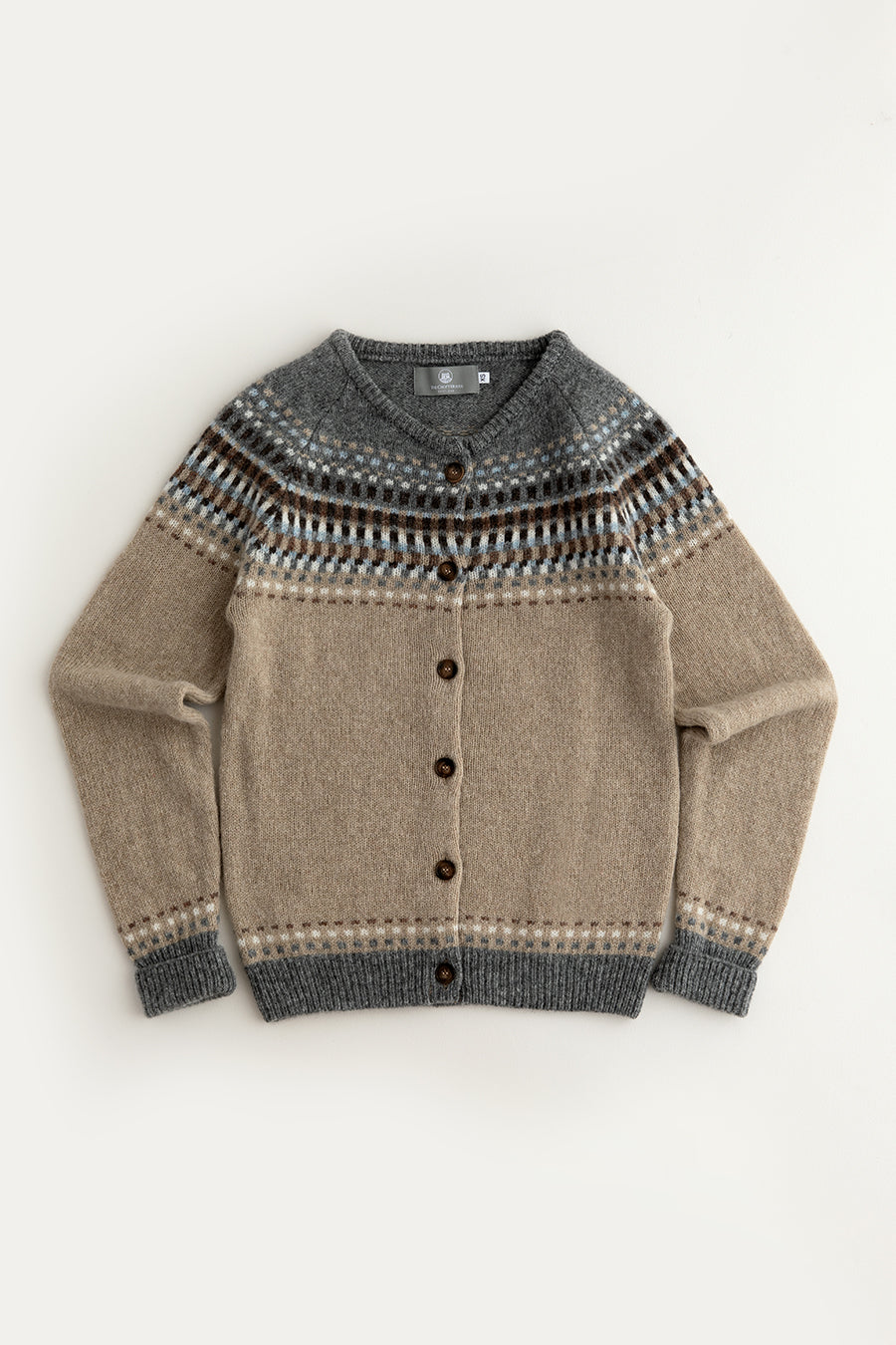 womens fair isle cardigan beige sand wool building blocks