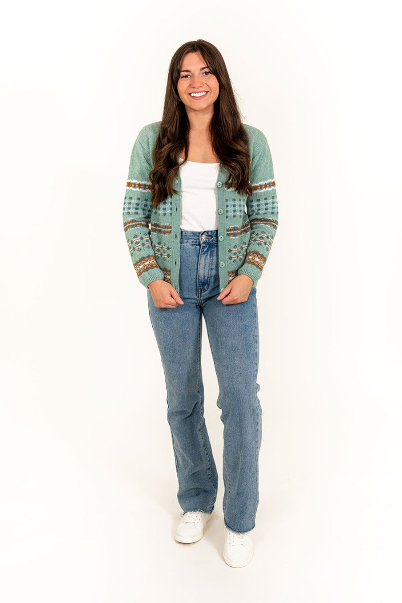 womens fair isle cardigan green wool v neck craigievar
