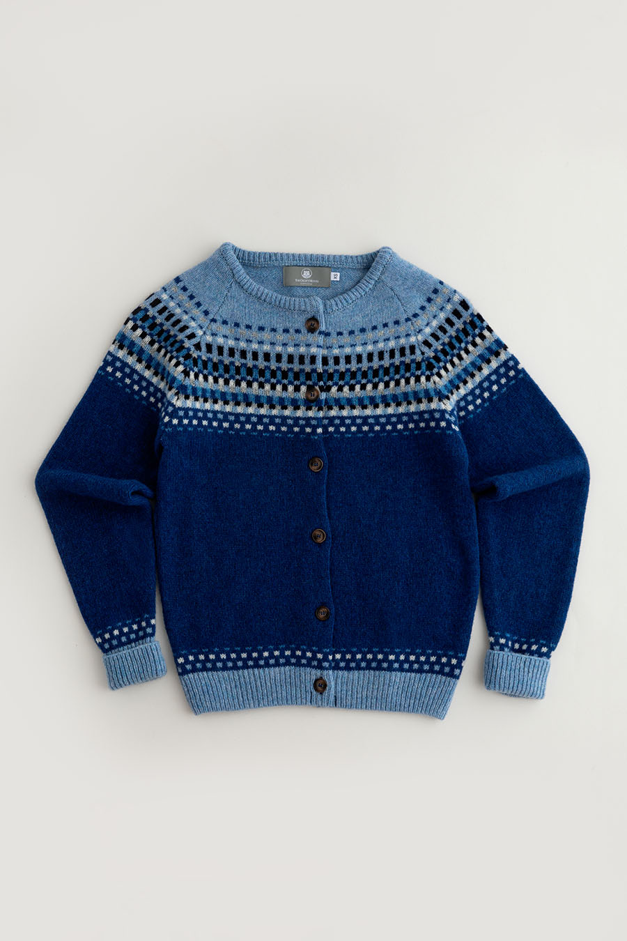 womens fair isle cardigan royal blue wool building blocks