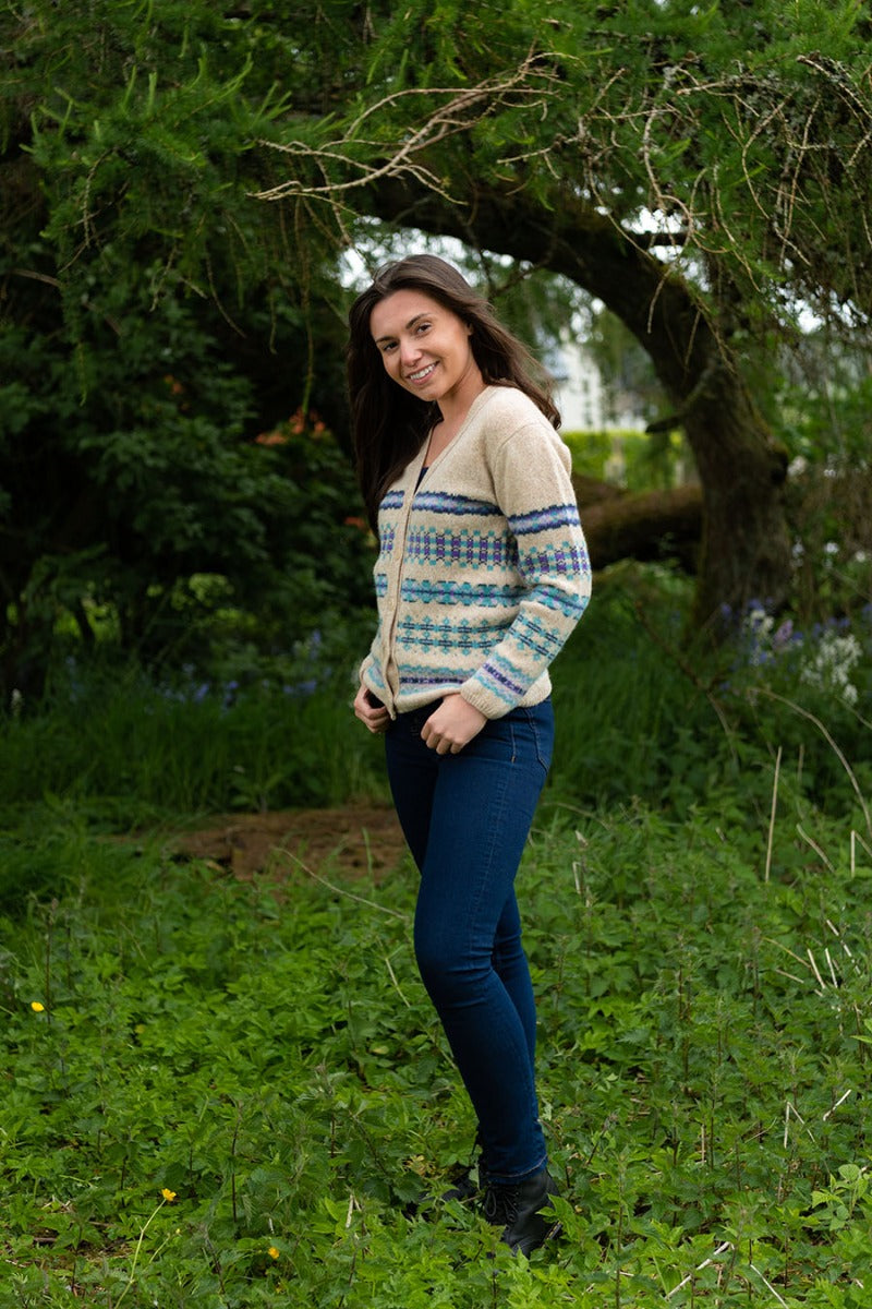 womens fair isle cardigan v neck lilac purple turquoise wool