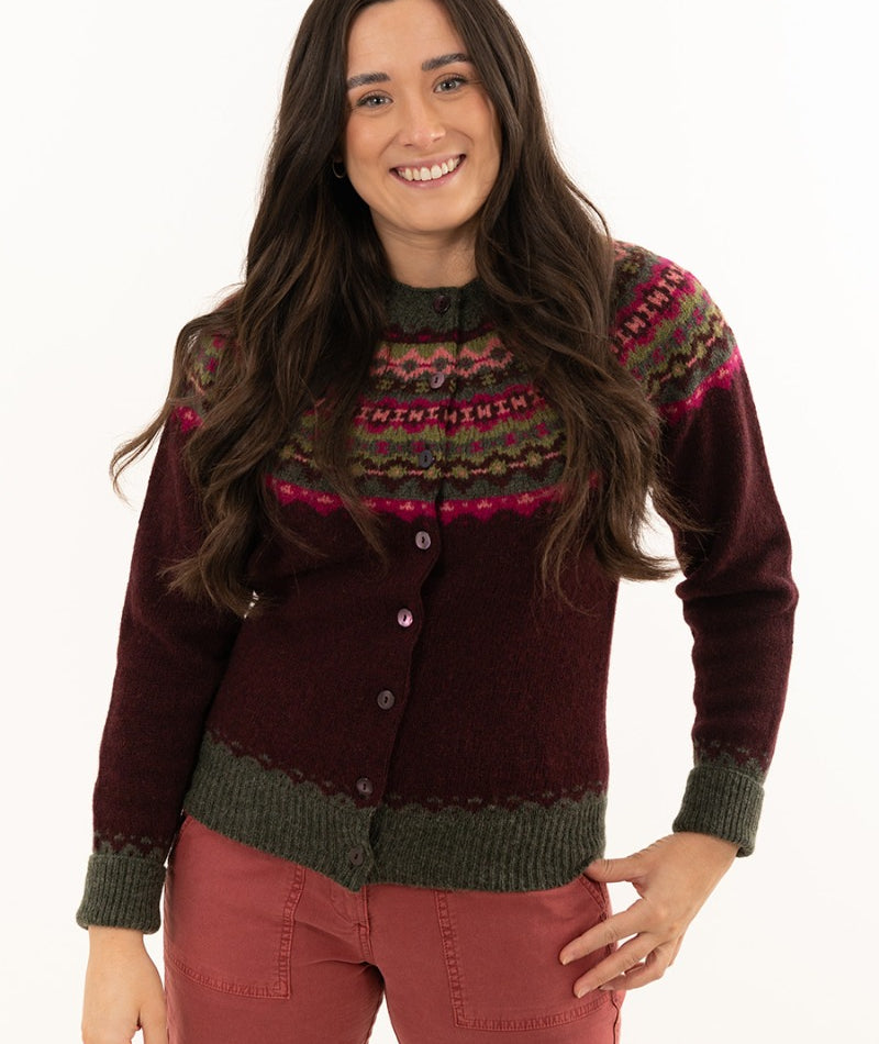 womens fair isle cardigan wool burgundy crathie