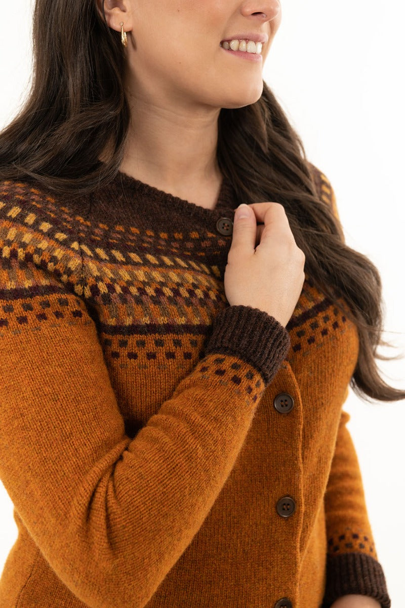 womens fair isle cardigan wool orange brown blocks
