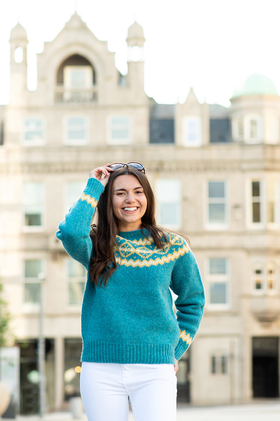 womens aqua fair isle jumper sweater chunky wool finnieston ls