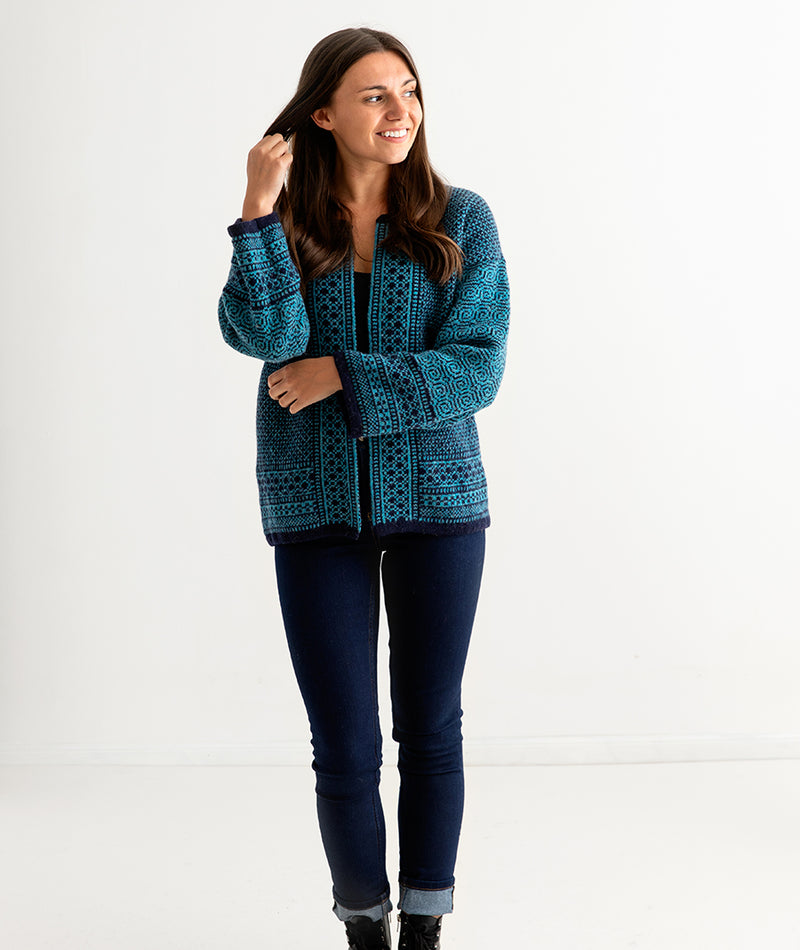 womens fairisle wool kimono cardigan coatigan navy blue teal towie