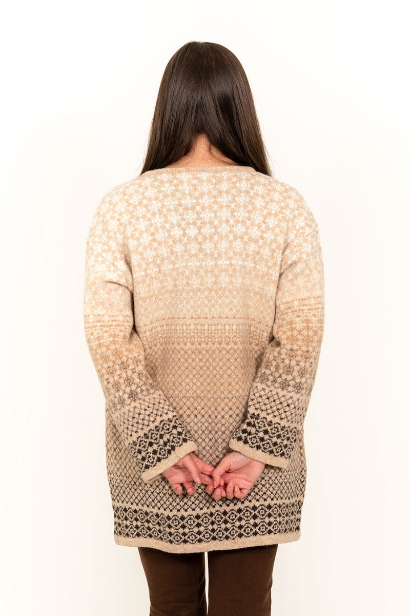 womens fair isle long cardigan brown beige wool coatigan