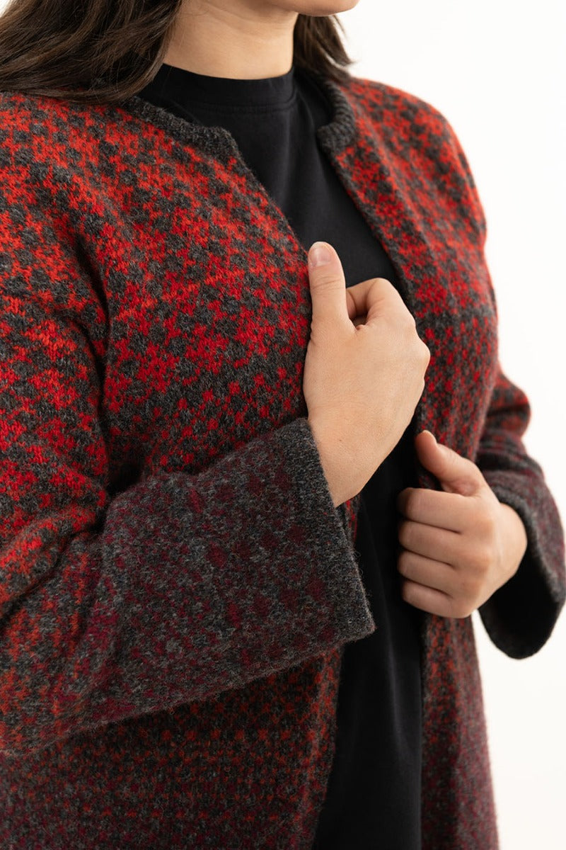 womens fair isle long cardigan red grey kimono