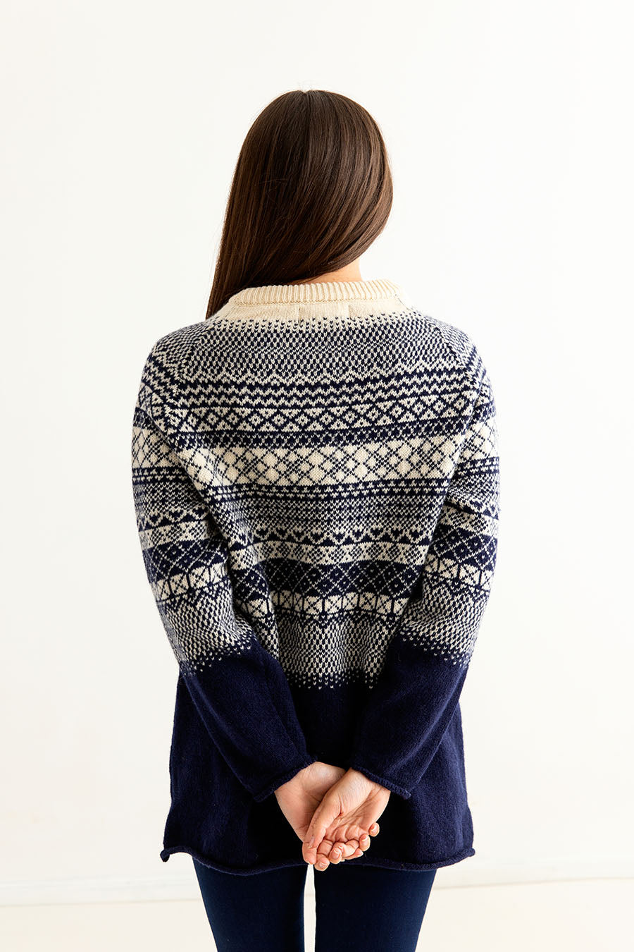 womens navy blue fair isle wool sweater jumper tunic lace back