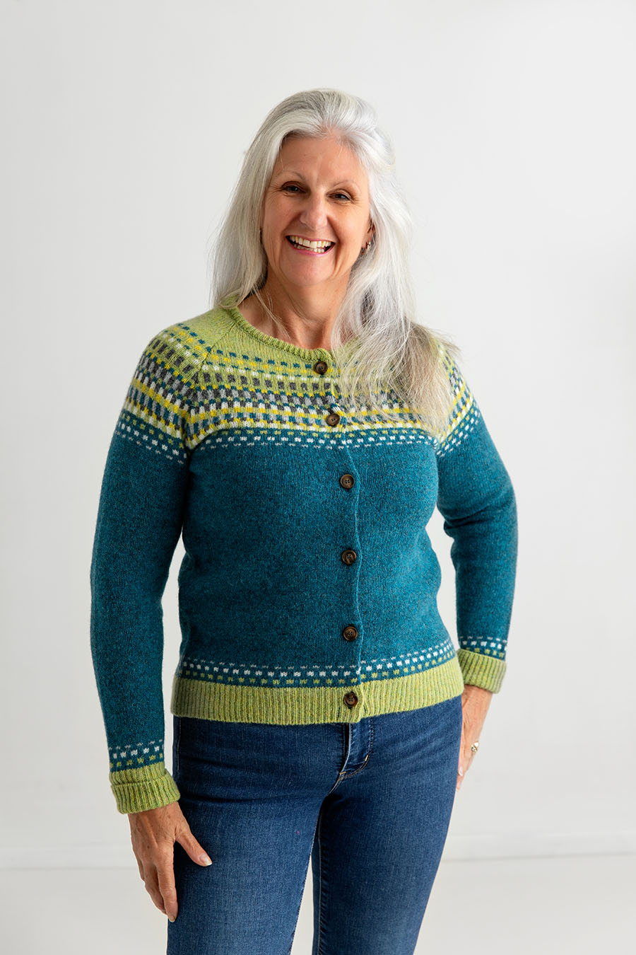womens fair isle cardigan wool sweater teal green blocks