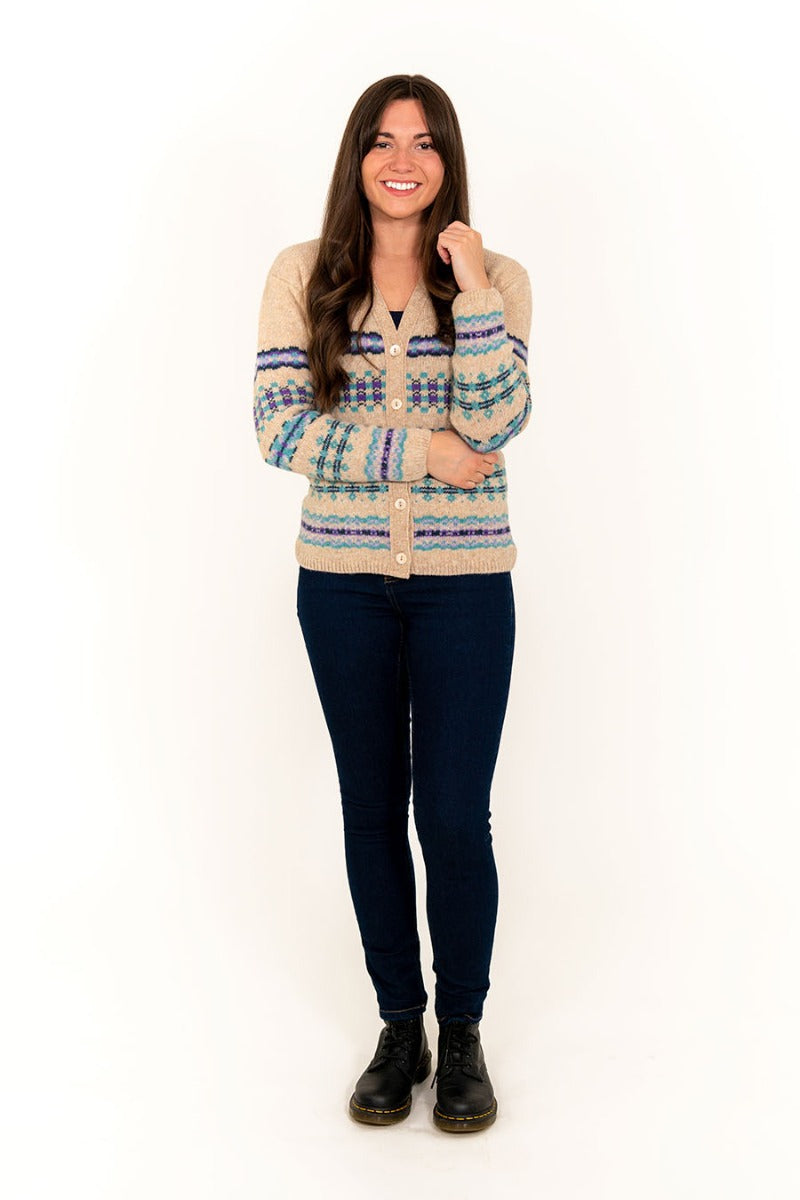 womens fairisle cardigan v neck wheat purple wool craigievar