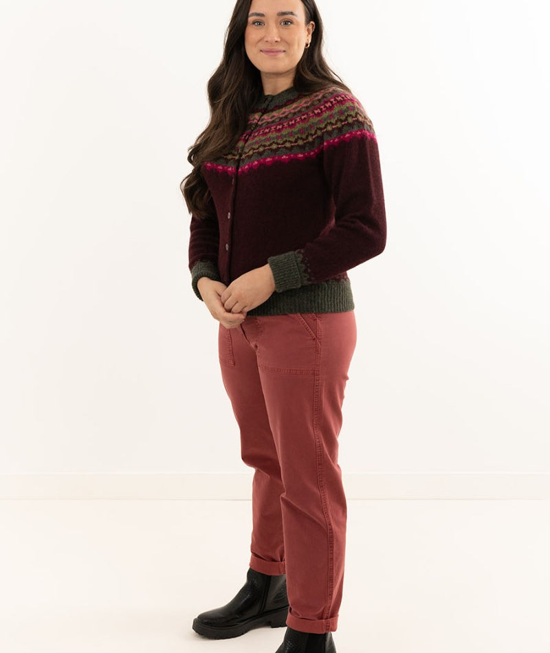 womens fairisle wool cardigan sweater burgundy crathie