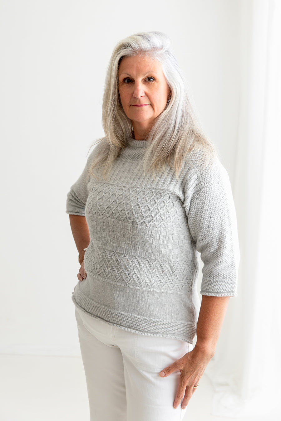 womens silver grey gansey guernsey jumper sweater boat neck lambs wool