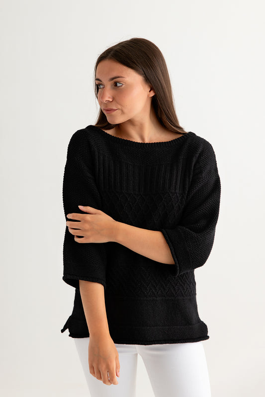 womens black gansey jumper sweater ladies guernsey lambs wool front
