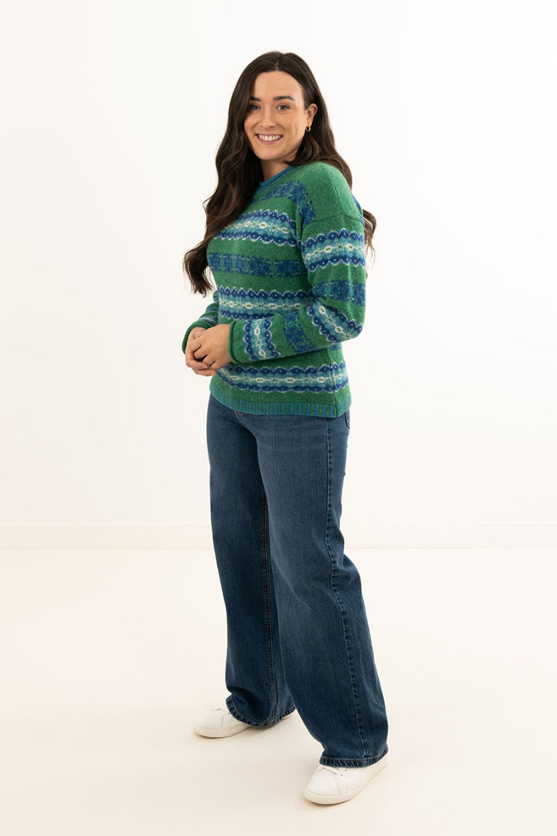 womens green wool fairisle jumper sweater blue pitmedden