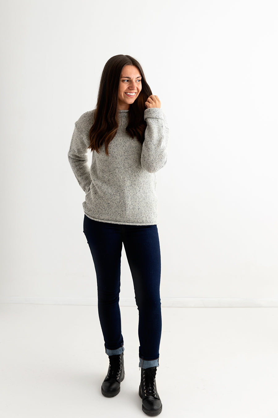 womens grey chunky wool jumper sweater limestone cuffed full