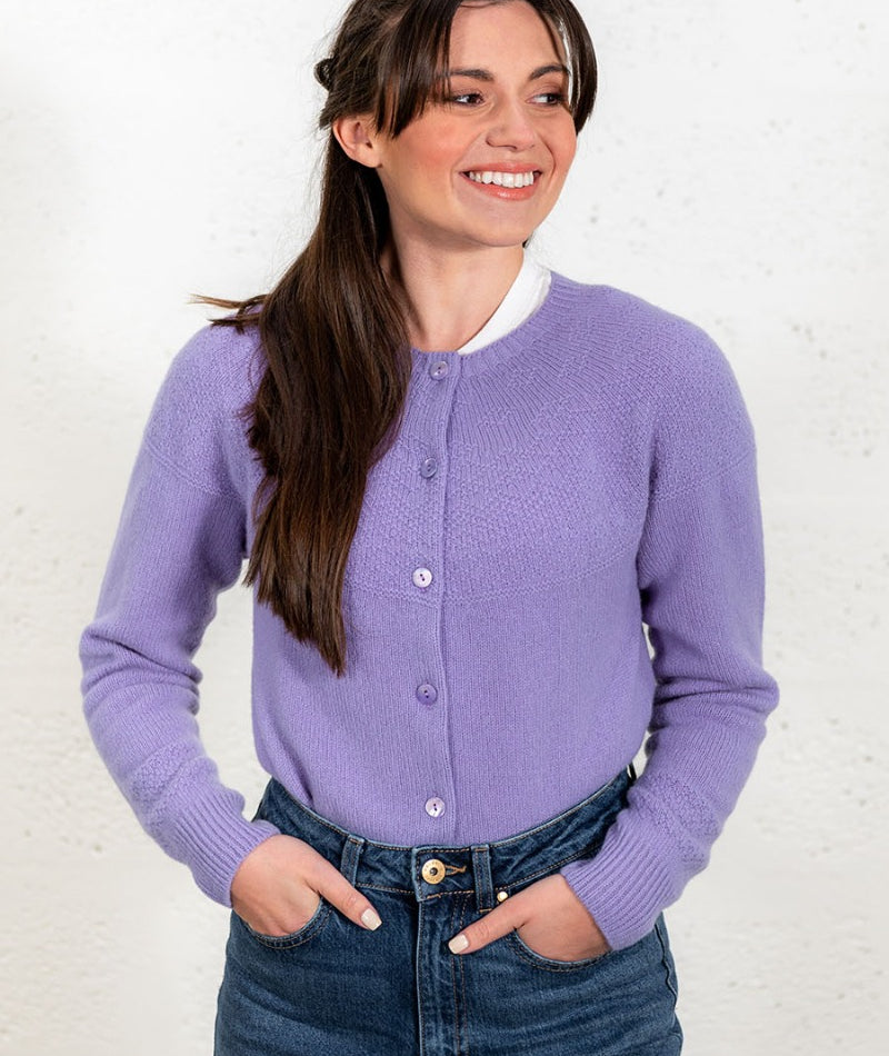 womens lilac lambs wool cardigan gansey purple