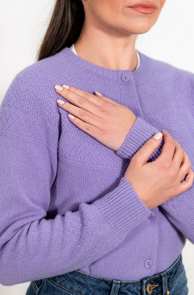 lilac geelong lambs wool womens purple cardigan gansey