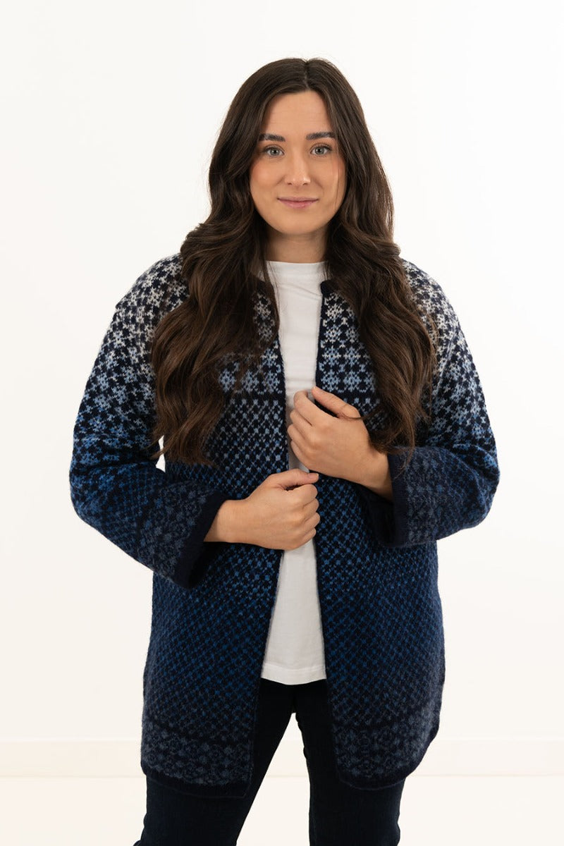 womens long fair isle cardigan sweater blue white wool kimono coatigan
