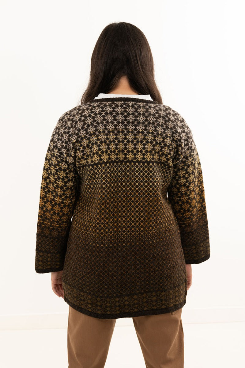 womens long wool kimono cardigan brown yellow wool fairisle