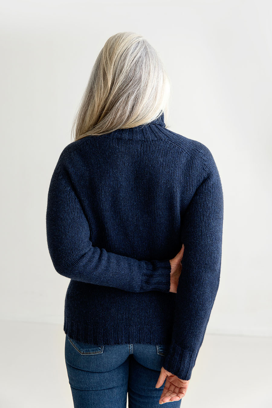 womens navy blue polo neck jumper sweater back