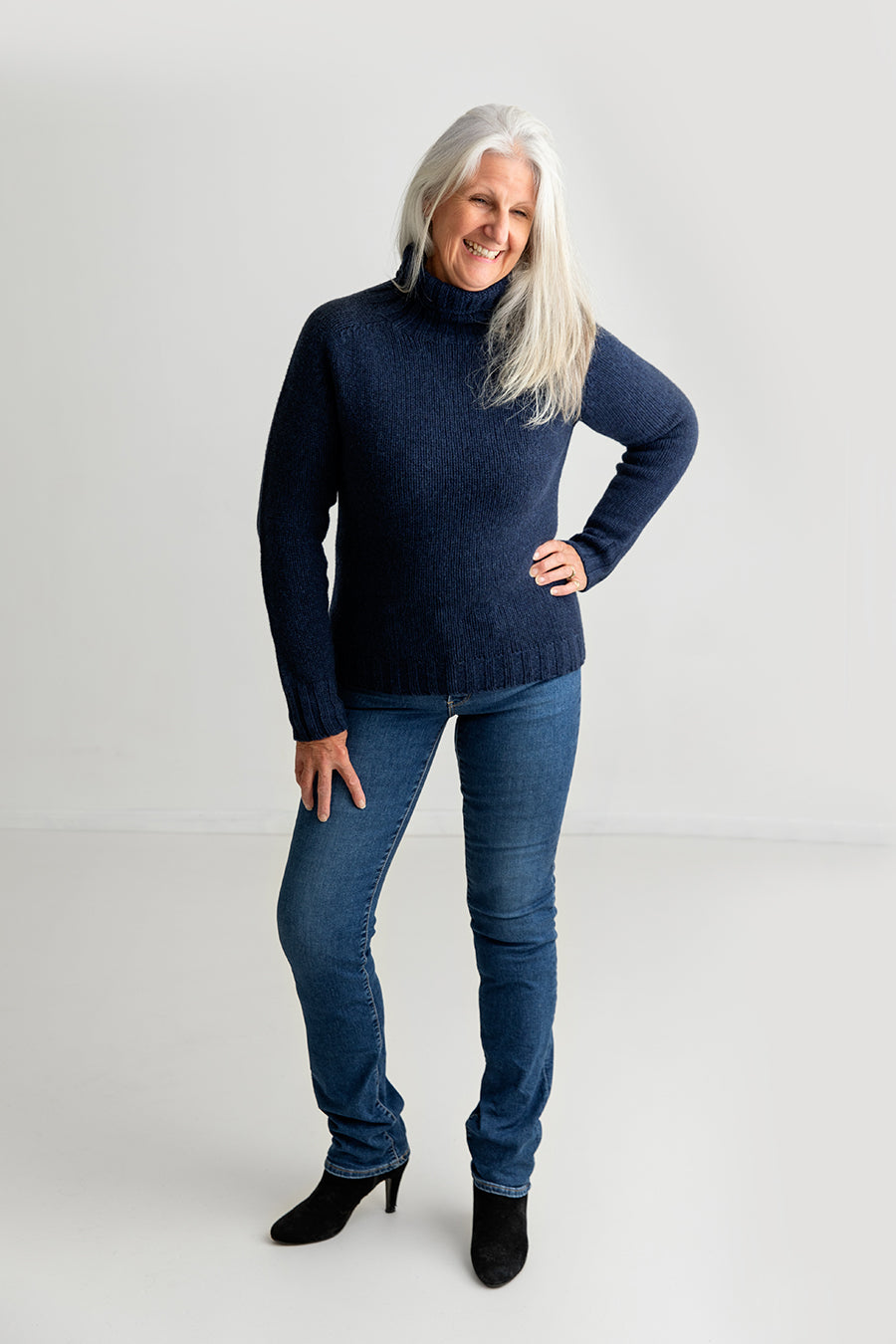 womens navy blue polo neck chunky jumper sweater lambs wool
