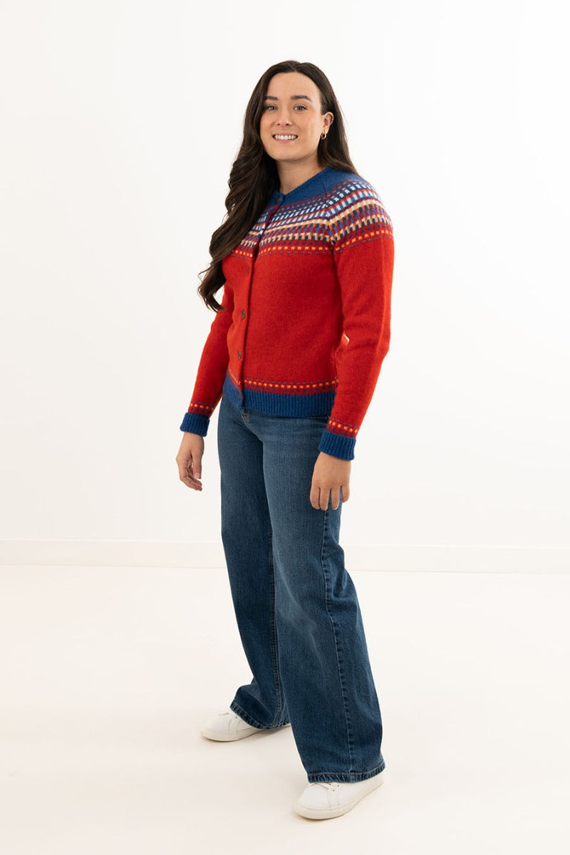 Womens red wool fair isle cardigan sweater blocks
