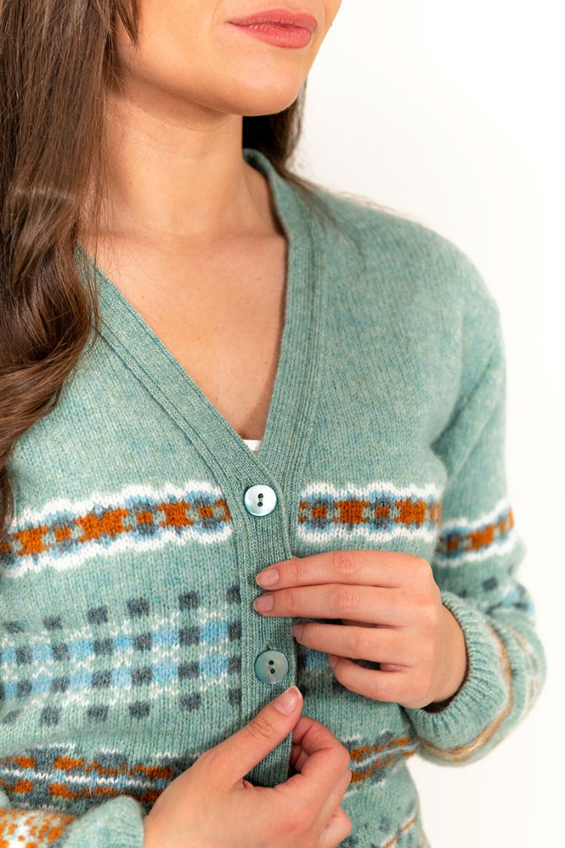 womens scottish wool fair isle cardigan v neck sage green