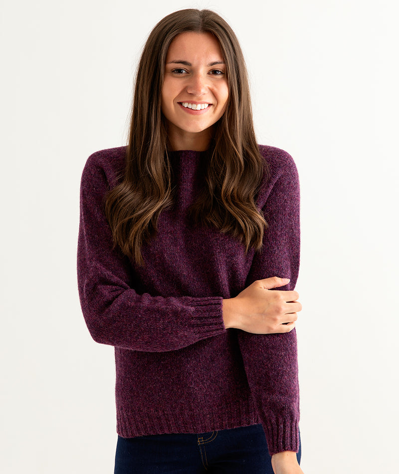 womens shetland wool jumper sweater aubergine plum wine eggplant front