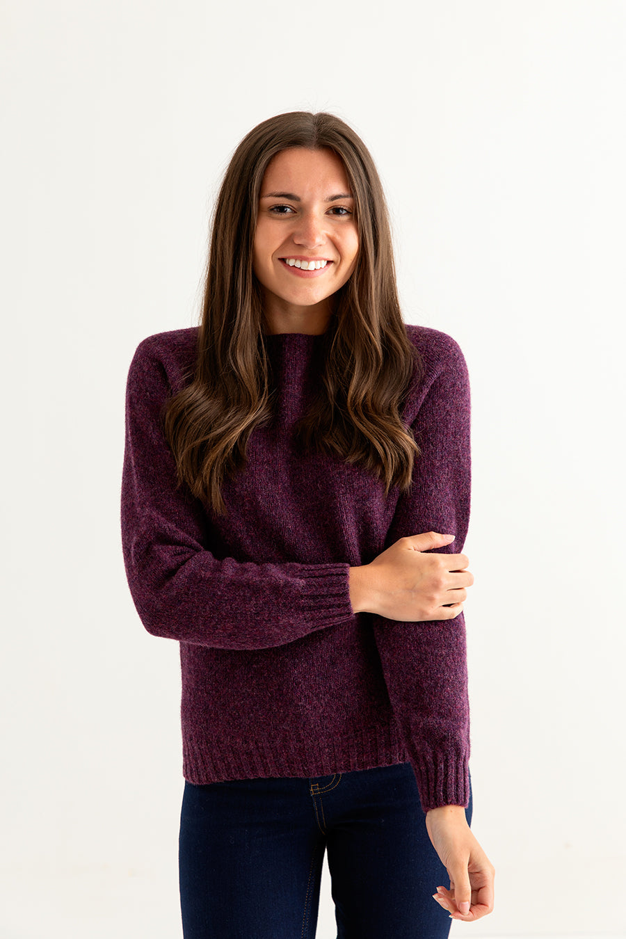 womens shetland wool jumper sweater aubergine plum wine eggplant front