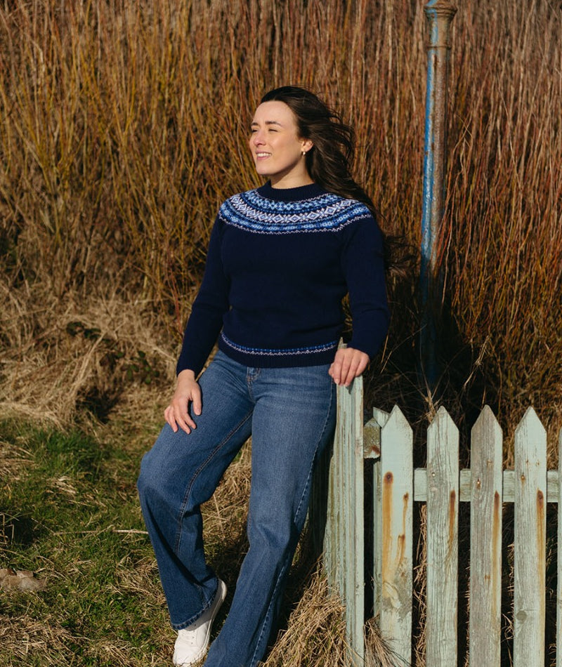 womens soft geelong lambs wool fair isle jumper navy white