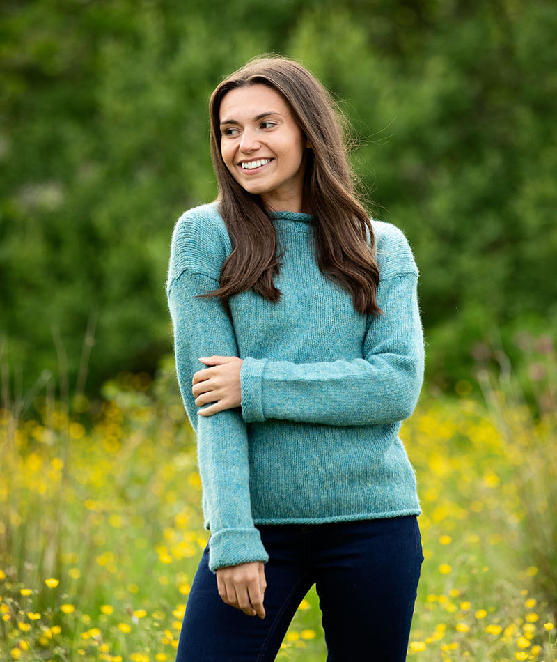 womens teal aqua chunky cuffed wool jumper sweater ls