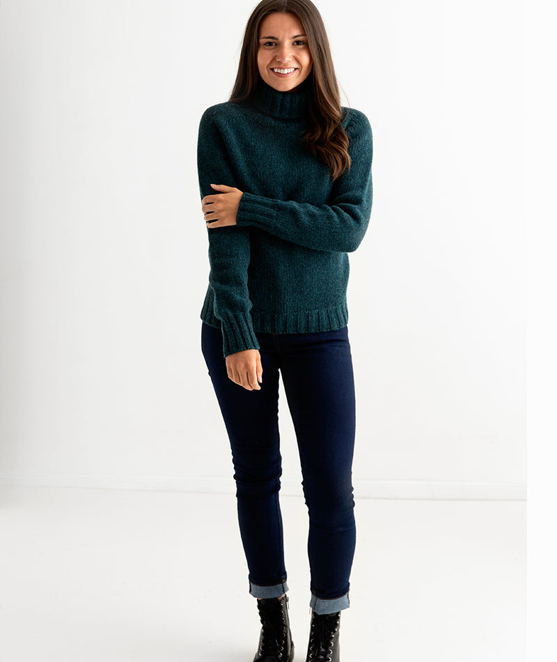 womens teal chunky polo neck jumper sweater lambs wool full