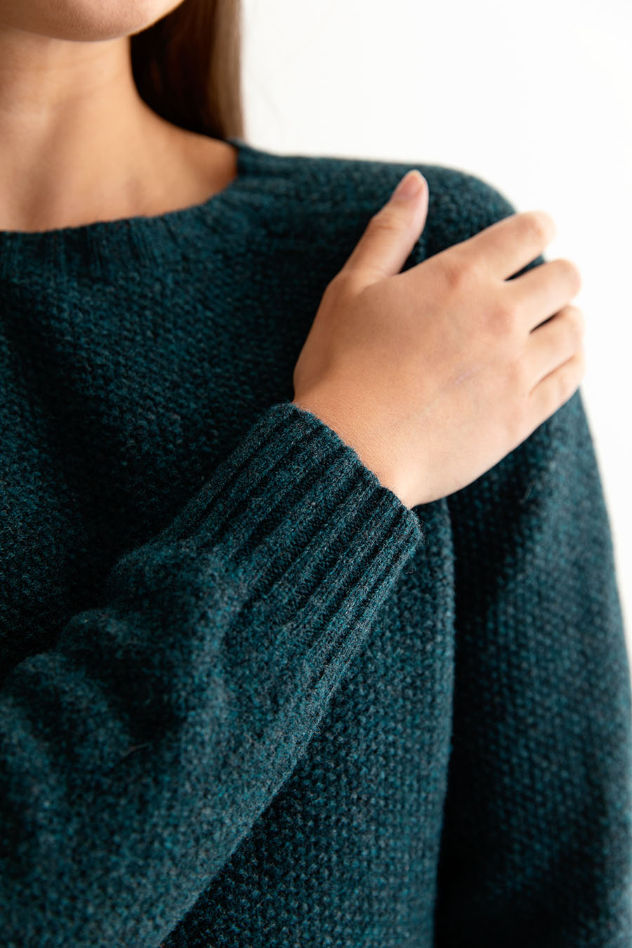 womens teal moss stitch lambs wool jumper sweater fine geelong close up