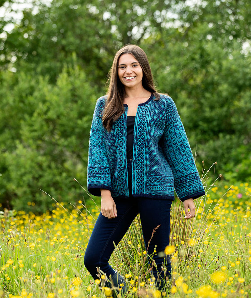 womens scottish wool fair isle kimono cardigan coatigan navy blue teal