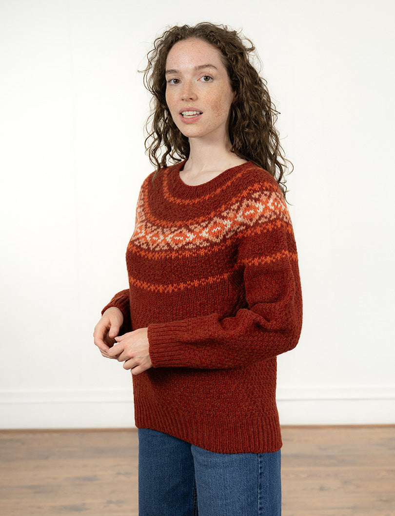 Womens Chunky Etive Yoke Fair Isle Jumper - Russet Red